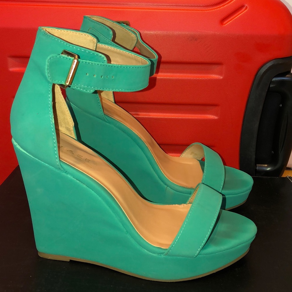 Sea foam green/ aquamarine suede wedge
